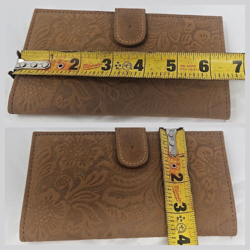 Tooled Embossed Soft Leather Wallet Credit Card BiFold Checkbook Tan RFID Floral - Picture 12 of 12
